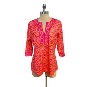 Gretchen Scott Womens Pink & Orange Tunic Top With 3/4 Sleeves Geometric Print M